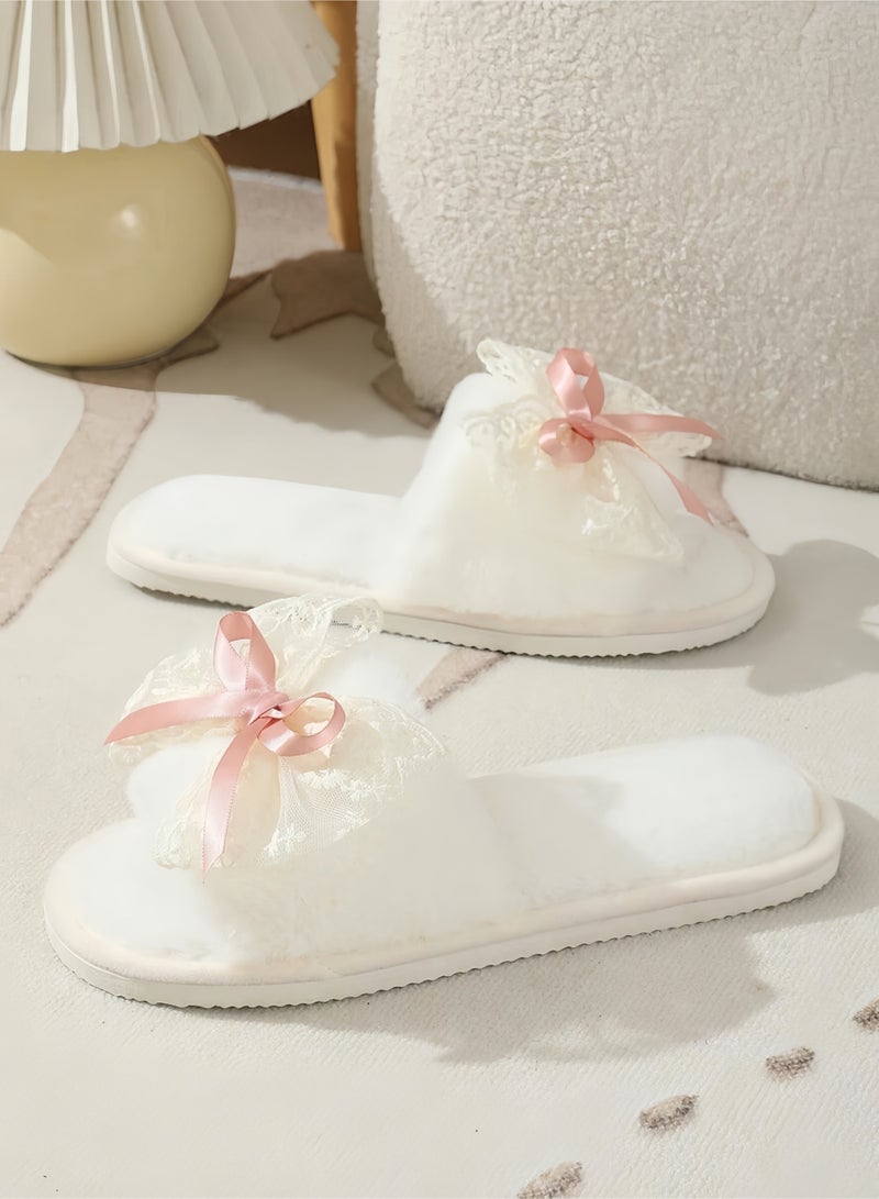 QIRRA House Slippers for Women, Plush Bedroom Slippers with Lace Bow, Warm Indoor Non-slip House Shoes - Image 2